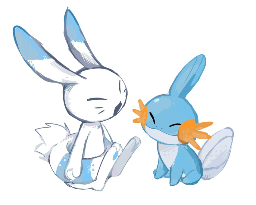 2024 2024_pokemon_gigaleak 3_fingers 3_toes ambiguous_gender basilbxun beta_pokemon_games blue_body blue_fur closed_eyes duo english_description feet fingers fur generation_3_pokemon happy hi_res lagomorph looking_at_another mammal mudkip nintendo open_mouth pokemon pokemon_(species) simple_background sitting tail toes warabbit white_background white_body white_fur