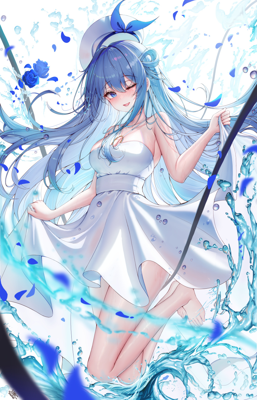 absurdres bare_shoulders barefoot blue_eyes blue_hair blush breasts cleavage colored_inner_hair dress female hat highres large_breasts lilac_(k32420276) long_hair looking_at_viewer multicolored_hair off-shoulder_dress off_shoulder one_eye_closed open_mouth original smile solo toes wet wet_clothes white_dress white_hair white_hat