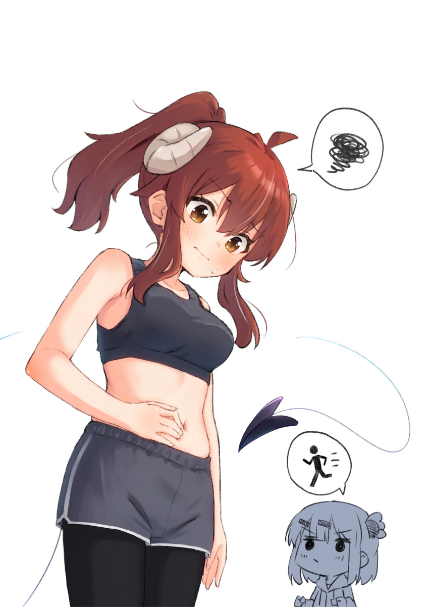 2girls black_pantyhose black_sports_bra blush breasts brown_eyes brown_hair chiyoda_momo closed_mouth collarbone demon_girl demon_horns demon_tail grey_shorts hand_on_own_stomach highres horns kuramoto_takato large_breasts long_hair looking_at_another machikado_mazoku midriff multiple_girls navel pantyhose ponytail shorts simple_background sports_bra sweat tail white_background yoshida_yuuko_(machikado_mazoku)