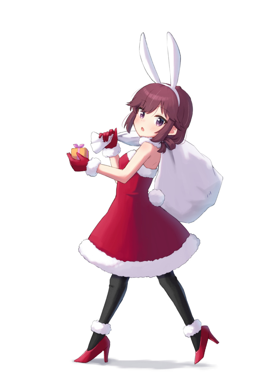 animal_ears blush breasts brown_hair christmas christmas_present fake_animal_ears fake_tail female gift high_heels highres kuramoto_takato looking_at_viewer machikado_mazoku open_mouth purple_eyes rabbit_ears rabbit_tail santa_costume short_hair simple_background small_breasts solo tail white_background yoshida_ryouko