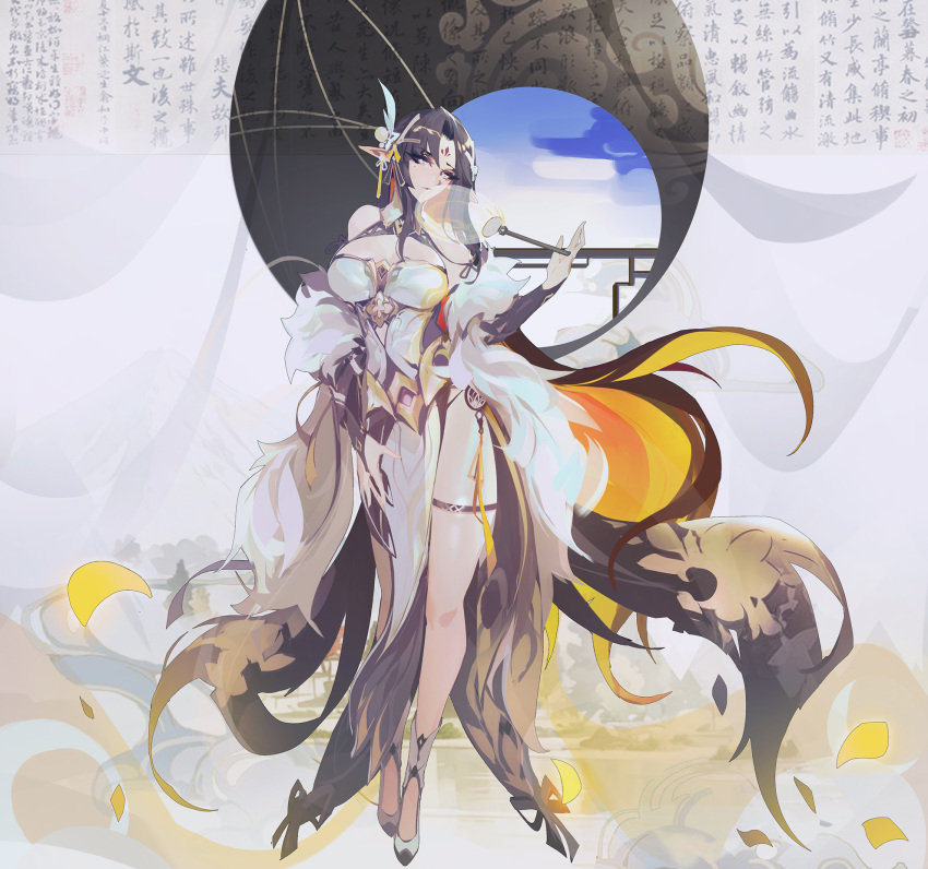 black_hair breasts chinese_clothes english_commentary facial_mark feather_boa female forehead_mark full_body hand_fan high_heels highres holding holding_fan large_breasts original pelvic_curtain pointy_ears round_window shoes smjim1986 solo thigh_strap white_footwear window