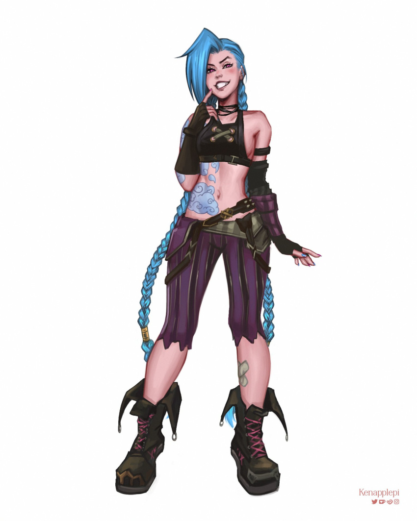 arcane:_league_of_legends arcane_jinx arm_tattoo asymmetrical_bangs bare_shoulders blue_hair braid breasts cloud_tattoo crop_top female fingerless_gloves gloves grin highres jinx_(league_of_legends) kenapplepi league_of_legends long_hair looking_at_viewer navel official_alternate_costume pants pink_eyes shoulder_tattoo smile solo striped_clothes striped_pants tattoo teeth twin_braids