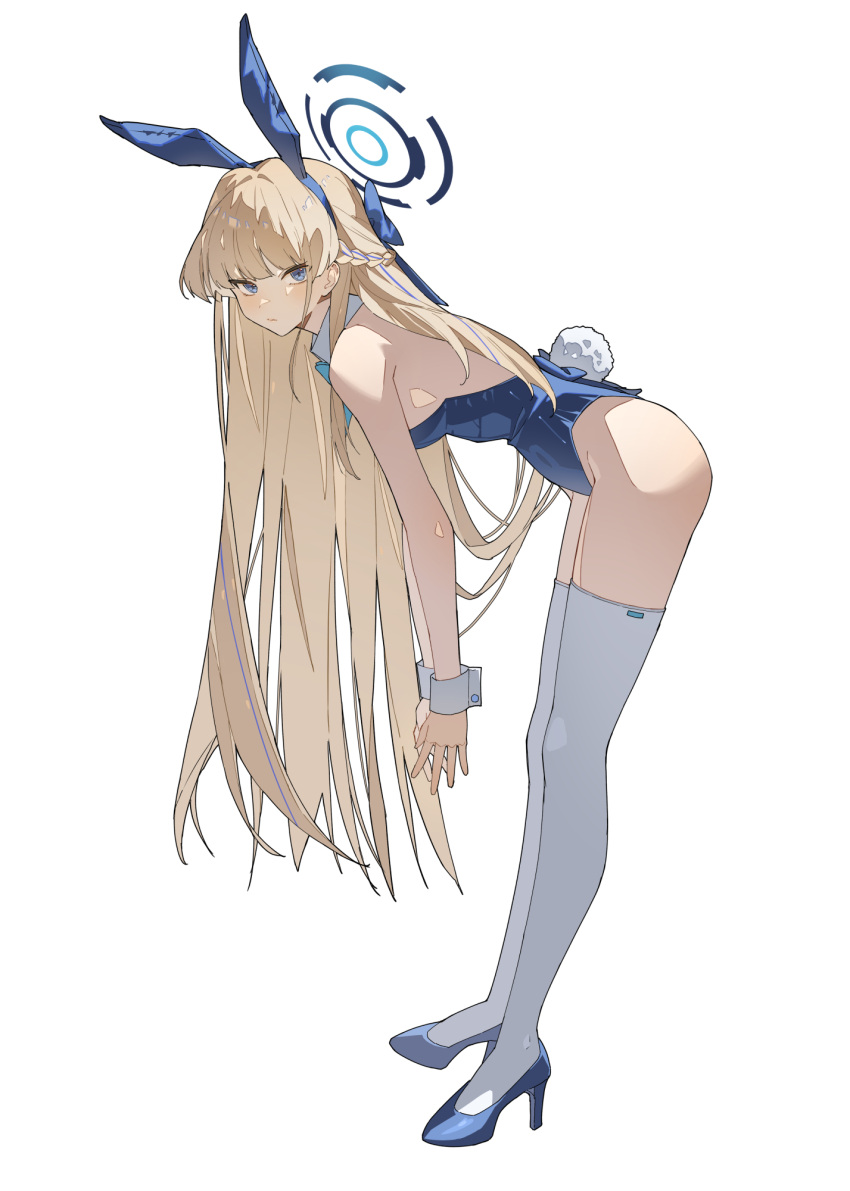 bare_shoulders blonde_hair blue_archive blue_eyes blue_leotard breasts female halo high_heels highres large_breasts leotard long_hair looking_at_viewer official_alternate_costume official_alternate_hairstyle playboy_bunny solo thighhighs thighs toki_(blue_archive) toki_(bunny)_(blue_archive) vennie white_thighhighs