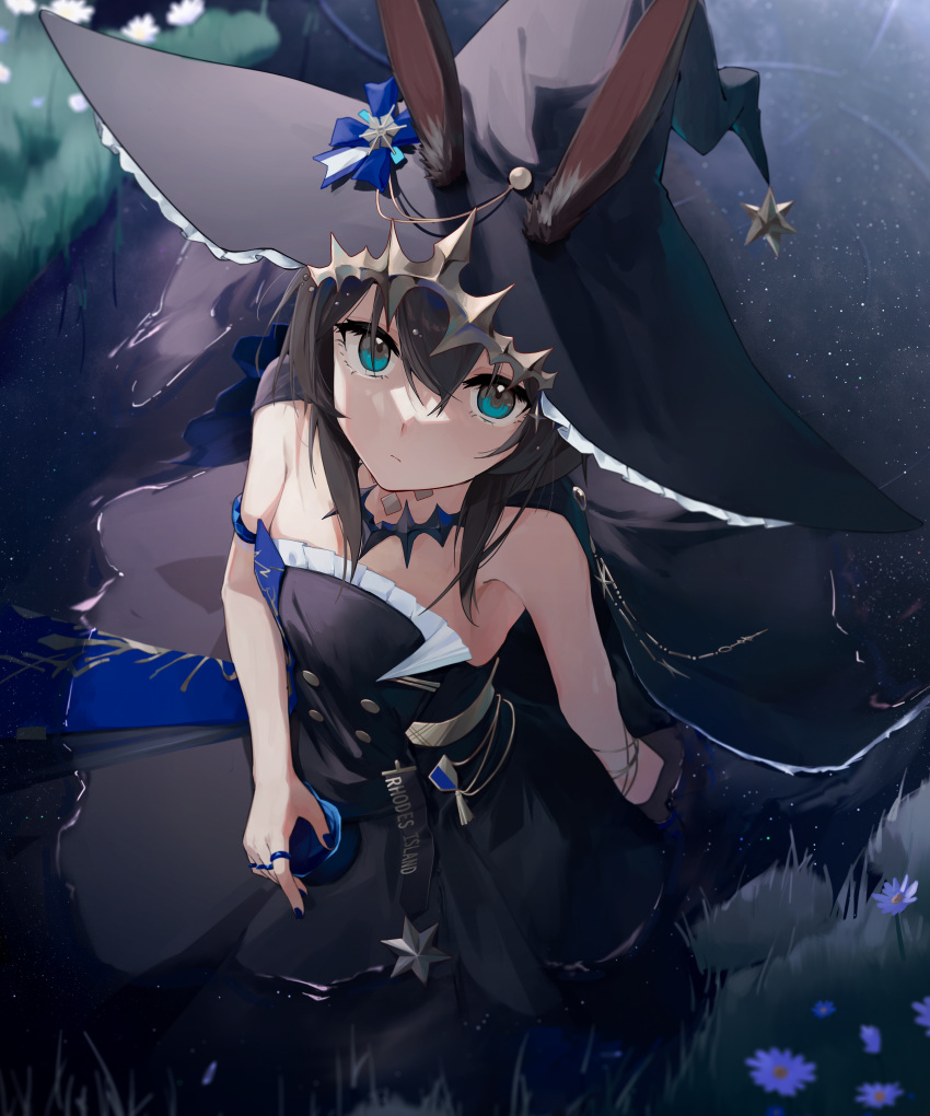 absurdres alternate_hair_color ambience_synesthesia amiya_(ambience_synesthesia_2024)_(arknights) amiya_(arknights) aqua_eyes arknights armlet bare_shoulders black_dress black_hair black_hat blue_ribbon closed_mouth clothes_writing dress ears_through_headwear female fingernails flower frilled_dress frilled_hat frills from_above hair_between_eyes hat hat_ribbon highres jewelry light_particles looking_at_viewer nail_polish official_alternate_costume purple_nails ribbon ring short_hair solo teay_(ttttteay) white_flower witch_hat