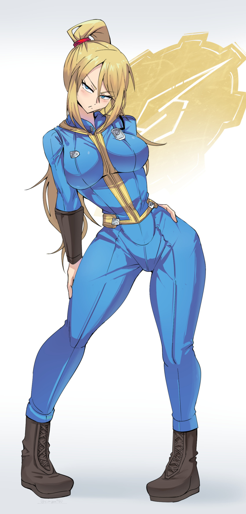 absurdres alternate_costume blonde_hair blue_bodysuit blue_eyes bodysuit breasts brown_footwear closed_mouth commentary_request cosplay fallout_(series) female full_body highres large_breasts long_hair long_sleeves looking_at_viewer metroid mole mole_under_mouth ponytail samus_aran shimure_(460) solo standing vault_boy vault_boy_(cosplay)