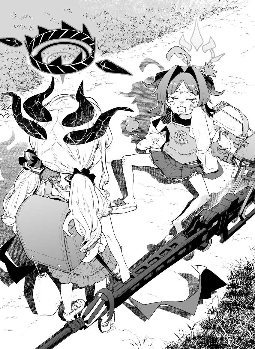 2girls ahoge backpack bag bandaid bandaid_on_knee bandaid_on_leg beaten black_horns blue_archive bruise bruise_on_face closed_eyes crying crying_kasumi_(blue_archive)_(meme) curved_horns demon_girl demon_horns demon_wings flip-flops from_behind grass greyscale gun hair_intakes hair_ornament hair_scrunchie hair_tie hairclip halo highres hina_(blue_archive) holding holding_gun holding_strap holding_weapon horns injury kasumi_(blue_archive) lab_coat legs_apart long_hair long_sleeves low_twintails low_wings machine_gun meme mg42 monochrome multiple_girls multiple_horns outdoors oversized_clothes parted_bangs poop_on_a_stick randoseru rectangular_mouth road sadamatsu_ryuuichi sandals scrunchie shadow shirt shoes sitting skirt sleeves_past_fingers sleeves_past_wrists streaming_tears sweat tears twintails unworn_backpack unworn_bag weapon wings