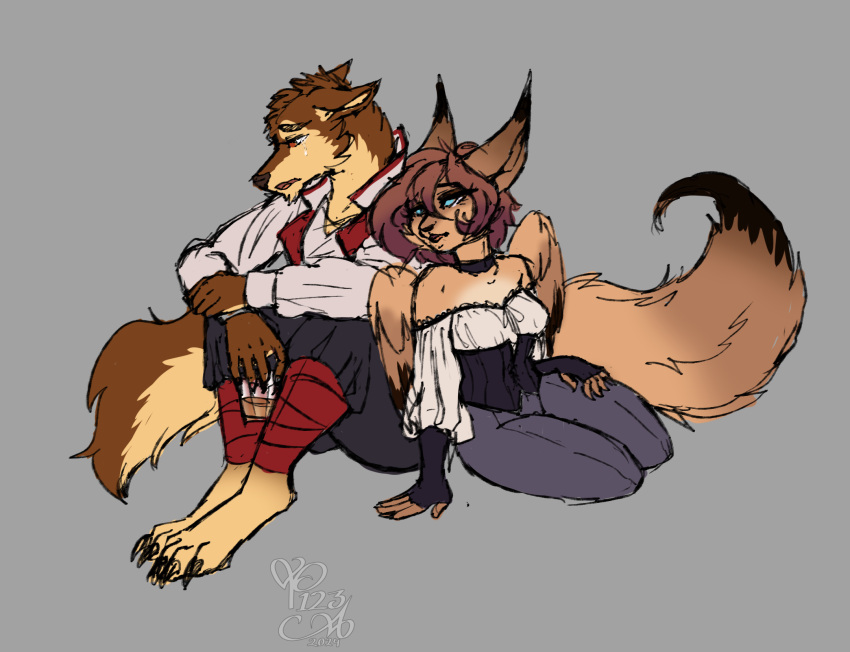 alcohol anthro beverage bodily_fluids canid canine comforting duo female hi_res hybrid male male/female mammal mythological_canine mythological_creature mythology pearl123_art rafael_belmont simple_background sitting tears victorian_style were werecanid werecanine werewolf