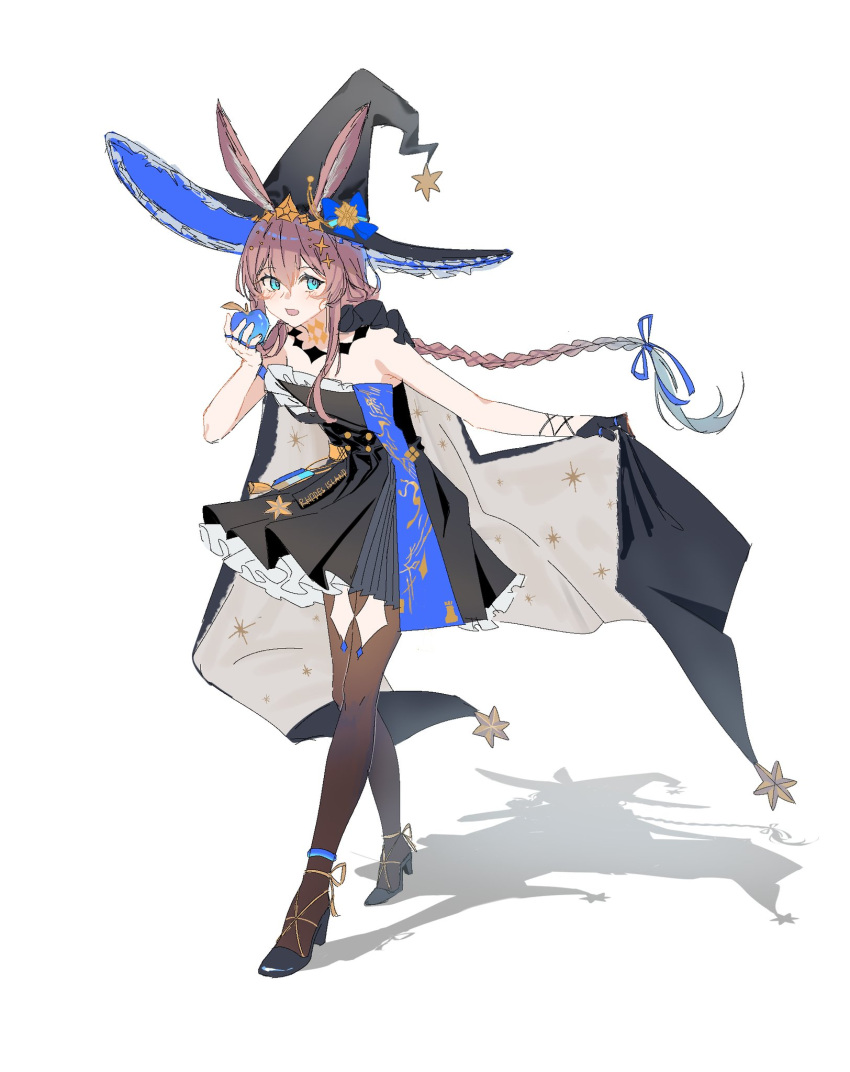 :d ambience_synesthesia amiya_(ambience_synesthesia_2024)_(arknights) amiya_(arknights) animal_ears anklet apple aqua_eyes arknights bare_shoulders black_cape black_dress black_footwear black_gloves black_hat blue_apple blue_hat blush braid brown_hair brown_pantyhose cape clothes_writing commentary dress english_commentary female food frilled_dress frills fruit full_body gloves grey_cape hair_between_eyes hat high_heels highres holding holding_food holding_fruit jewelry leaning leaning_forward long_hair mixed-language_commentary oekaki official_alternate_costume open_mouth pantyhose rabbit_ears rabbit_girl rep120105 ring shoes simple_background single_glove smile solo standing strapless strapless_dress two-sided_cape two-sided_fabric two-sided_headwear white_background witch_hat