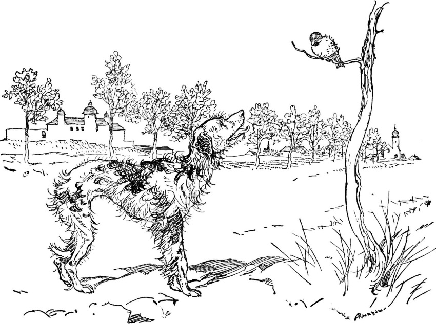 1909 20th_century ambiguous_gender ancient_art arthur_rackham avian beak bird black_and_white black_line_art building canid canine canis digitigrade domestic_dog duo eye_contact feathers feet feral floppy_ears fur grass herding_dog looking_at_another looking_up_at_another mammal monochrome open_mouth oscine outside passerine pastoral_dog paws plant shadow sheepdog side_view simple_background snout sparrow standing tail talons the_dog_and_the_sparrow toes traditional_media_(artwork) tree white_background