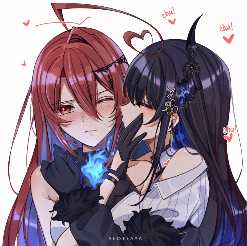 2girls absurdres ahoge asymmetrical_horns bare_shoulders black_hair blue_fire blue_hair blush breasts closed_eyes colored_inner_hair demon_horns elizabeth_rose_bloodflame fire highres hololive hololive_english horns huge_ahoge keisea kissing large_breasts long_hair mole mole_under_eye multicolored_hair multiple_girls nerissa_ravencroft red_eyes red_hair two-tone_hair uneven_horns very_long_hair virtual_youtuber yuri