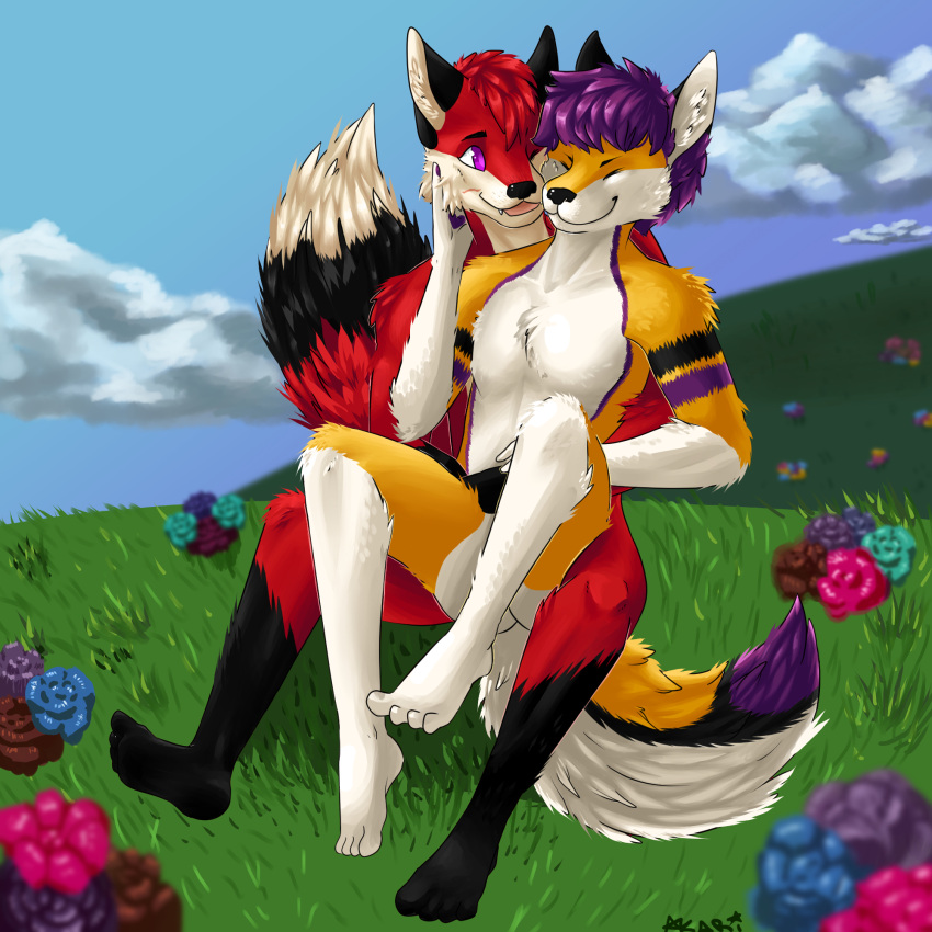 anthro canid canine canis claws duo facial_scar feet felid feline fluffy fluffy_tail fox hi_res hindpaw hybrid jewelry male male/male mammal necklace nude nude_anthro open_mouth pawpads paws pepper_(azul) romantic romantic_couple scar tail true_fox wolf xfotzy