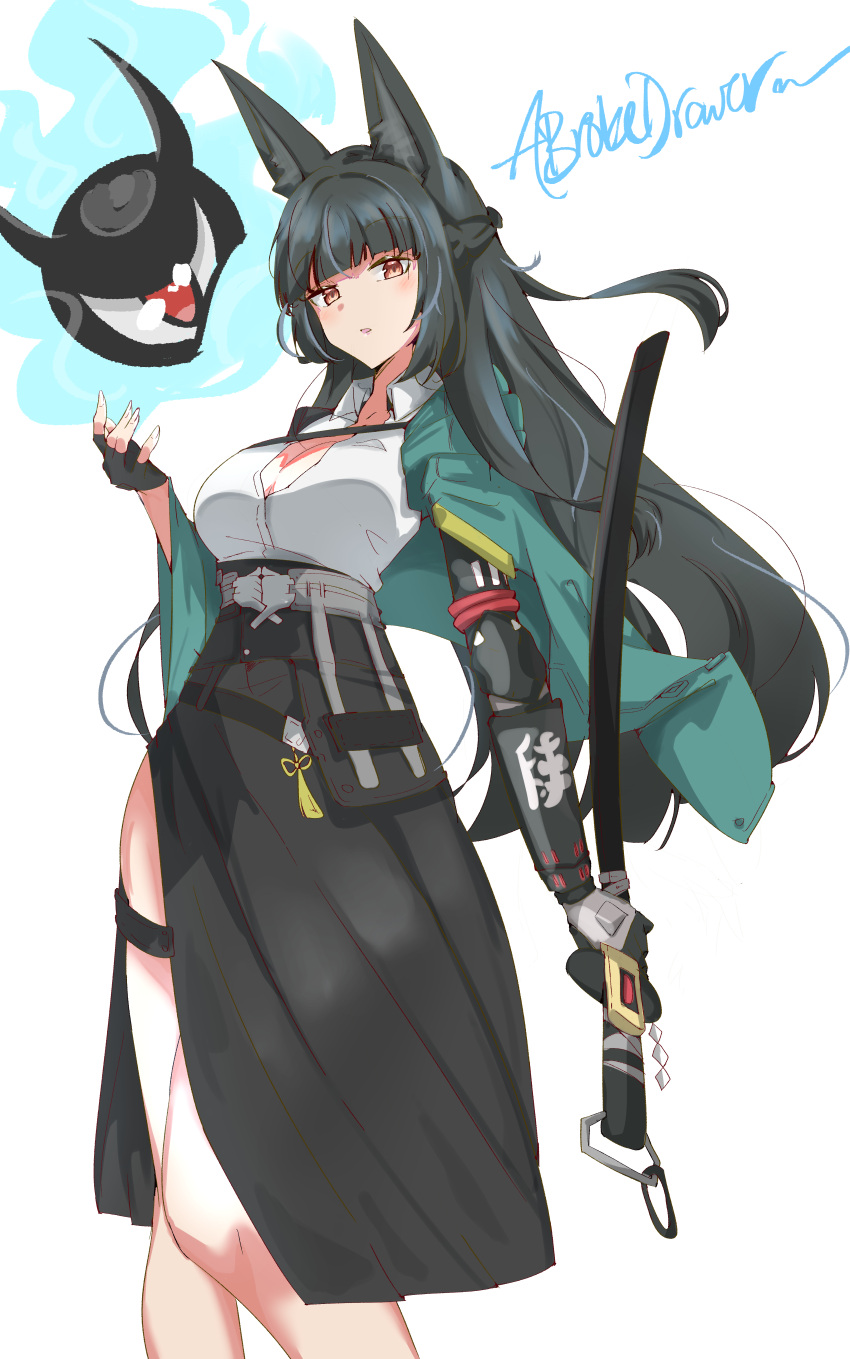 abrokedrawer absurdres animal_ears artist_name black_gloves black_hair black_necktie black_skirt blunt_bangs blush breasts cleavage cowboy_shot female fingerless_gloves fox_ears fox_girl gloves green_jacket high-waist_skirt highres holding holding_sword holding_weapon hoshimi_miyabi jacket large_breasts long_hair looking_at_viewer necktie parted_lips red_eyes shirt sidelocks signature simple_background single_fingerless_glove skirt solo standing sword thighs weapon white_shirt zenless_zone_zero