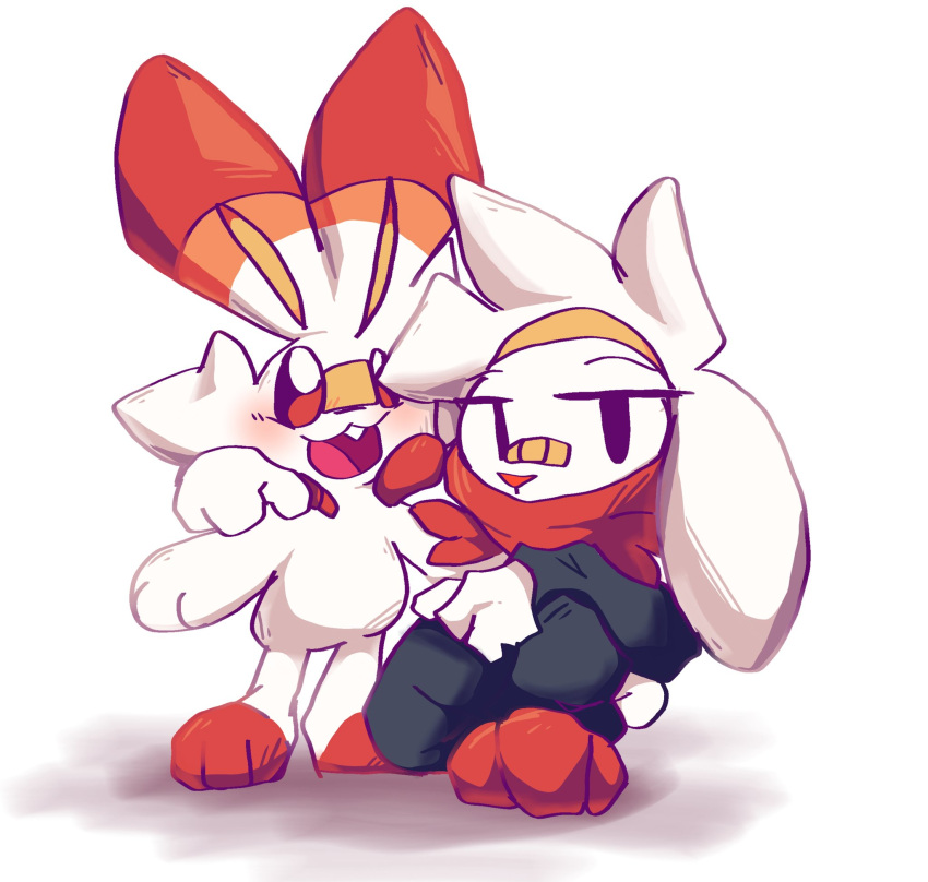 2023 3_fingers 3_toes ambiguous_gender anthro ballfranca blush buckteeth duo english_description feet fingers fur generation_8_pokemon happy hi_res nintendo open_mouth orange_body orange_fur pokemon pokemon_(species) raboot scorbunny serious simple_background tail teeth toes white_background white_body white_fur