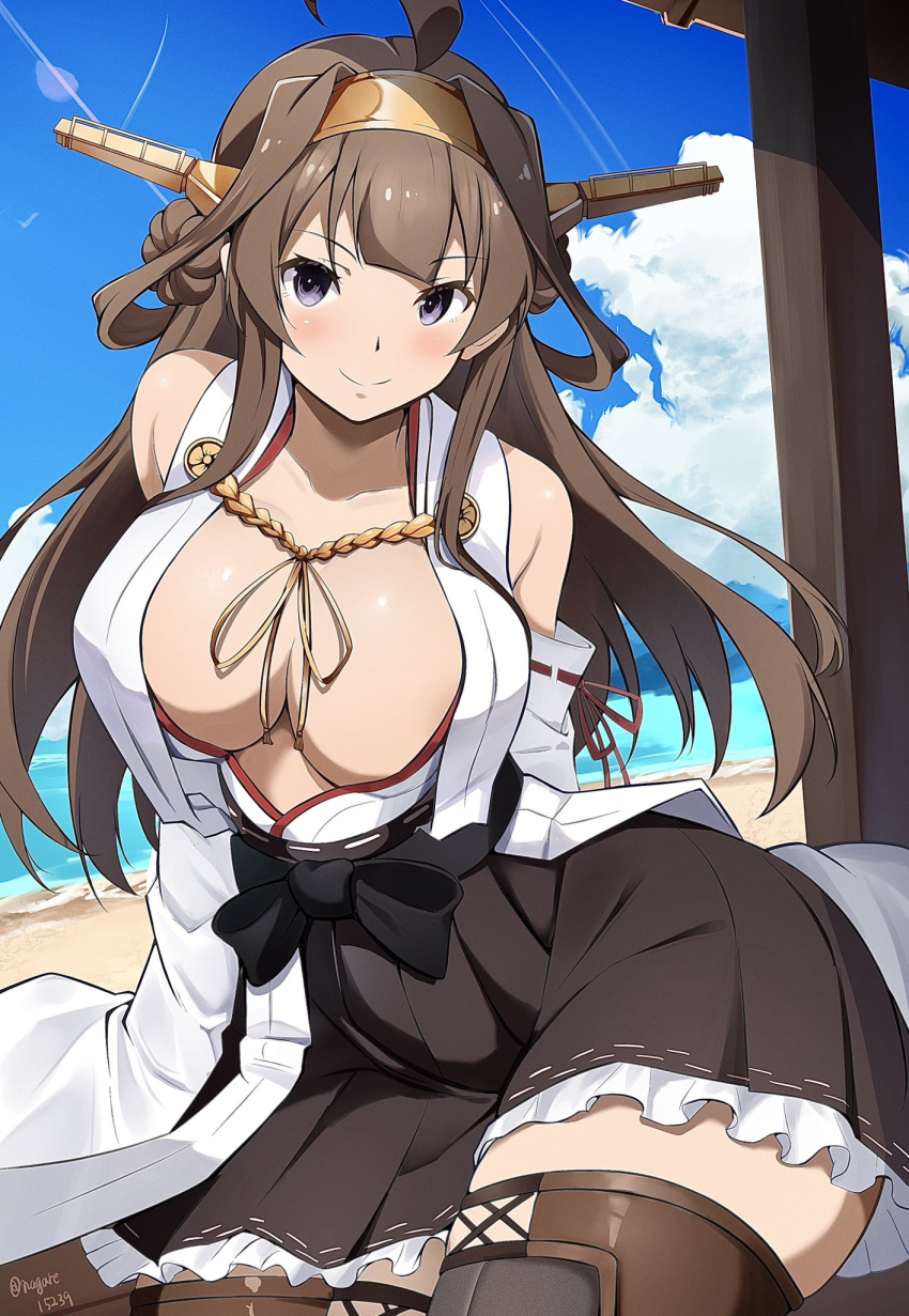 ahoge beach black_bow blue_sky boots bow breasts brown_footwear brown_hair brown_skirt cleavage cloud commentary_request cross-laced_footwear day detached_sleeves double_bun female frogging hair_bun hair_ornament hairband highres kantai_collection kongou_(kancolle) kongou_kai_ni_(kancolle) large_breasts long_hair looking_at_viewer nagare_(flow) nontraditional_miko open_clothes pleated_skirt purple_eyes radar_hair_ornament sash sitting skirt sky smile solo twitter_username