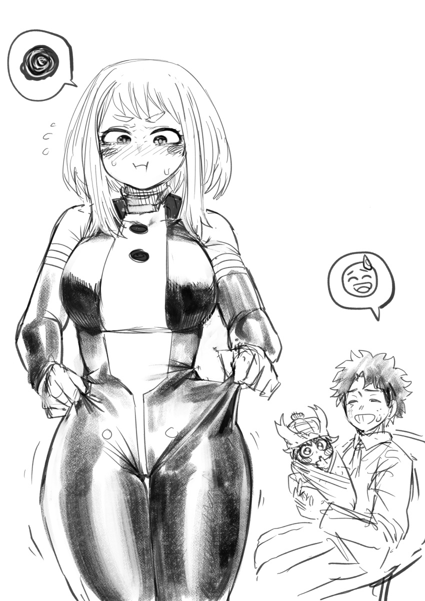 1boy 1other absurdres amano44 baby blush bodysuit boku_no_hero_academia female freckles highres husband_and_wife midoriya_izuku short_hair spoken_emoji spoken_squiggle squiggle uraraka_ochako