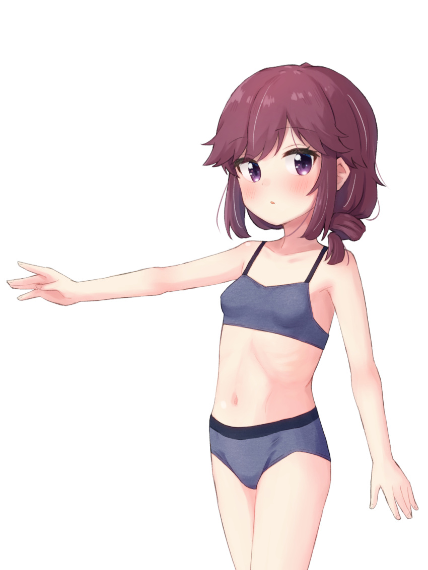 blush breasts brown_hair collarbone female grey_panties grey_sports_bra highres kuramoto_takato looking_at_viewer machikado_mazoku navel open_mouth panties purple_eyes short_hair simple_background small_breasts solo sports_bra underwear white_background yoshida_ryouko