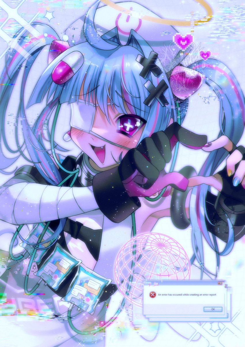 2000s_(style) :d black_bra black_gloves blue_hair blush bra breasts bright_pupils cleavage commentary commission cross-shaped_pupils cyber_fashion english_commentary error_message eyepatch female gleamyguts globe gloves hair_ornament halo hat heart heart_hands highres indie_virtual_youtuber intravenous_drip kkcyber long_hair looking_at_viewer microsoft_windows multicolored_hair nurse_cap oerba_yun_fang one_eye_covered open_mouth pill_hair_ornament pink_eyes pink_hair small_breasts smile solo streaked_hair symbol-shaped_pupils tank_top twintails underwear upper_body variant_set virtual_youtuber white_pupils white_tank_top window_(computing) windows_vista x_hair_ornament yami_kawaii