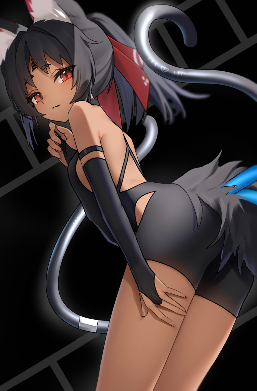 absurdres animal_ear_fluff animal_ears black_hair blush cable cable_tail cat_ears cat_girl cat_tail closed_mouth cowboy_shot dark-skinned_female dark_skin facial_mark female fingernails forehead_mark hair_between_eyes highres long_hair looking_at_viewer mechanical_tail multiple_tails nekomiya_mana ponytail red_eyes sidelocks smile solo tail thomas_8000 two_tails zenless_zone_zero