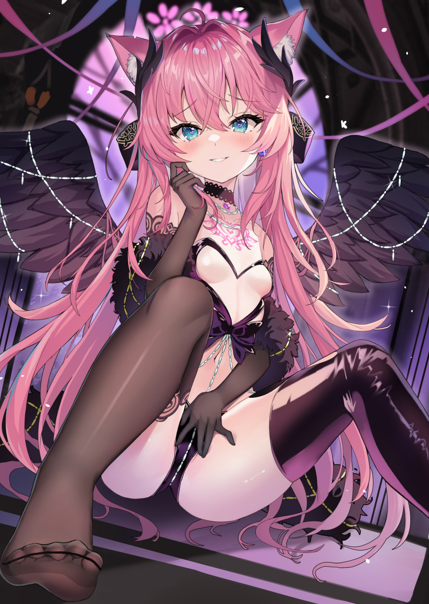 absurdres ahoge animal_ear_fluff animal_ears black_choker black_footwear black_thighhighs black_wings blue_eyes boots breasts cat_ears choker earrings feathered_wings female floating_hair hair_between_eyes hair_intakes heart heart-shaped_pupils highres indie_virtual_youtuber jewelry long_hair looking_at_viewer pink_hair pu_ht sakurada_hane sexually_suggestive single_thigh_boot single_thighhigh small_breasts solo symbol-shaped_pupils thigh_boots thighhighs very_long_hair virtual_youtuber wings