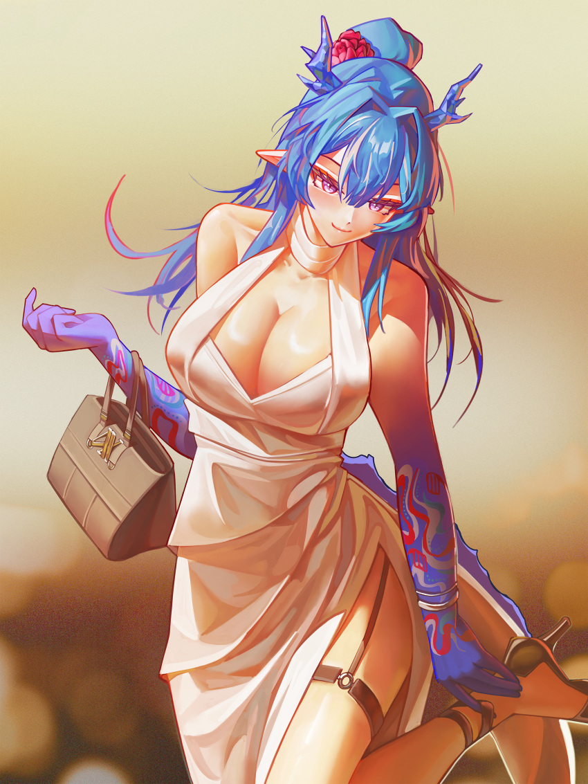 absurdres adjusting_clothes adjusting_shoe alternate_breast_size alternate_costume arknights bag bare_shoulders black_garter_straps blue_hair blue_horns blurry blurry_background breasts cleavage collarbone colored_extremities cowboy_shot dragon_girl dragon_horns dress english_commentary female garter_straps gradient_skin handbag high_heels highres holding holding_bag horns huge_breasts jewelry ling_(arknights) long_hair looking_down nikov pointy_ears purple_eyes smile tail thighs white_dress