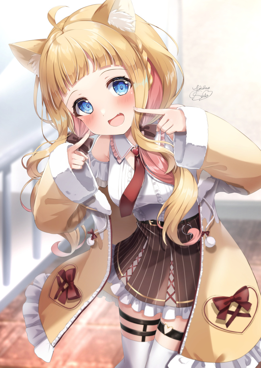 absurdres ahoge amato_ui animal_ear_fluff animal_ears bare_shoulders belt black_belt black_bow black_skirt blonde_hair blue_eyes blunt_bangs blurry blurry_background blush bow braid breasts cat_ears center_frills collar commission detached_sleeves feet_out_of_frame female fingers_to_cheeks frilled_collar frilled_jacket frilled_skirt frilled_sleeves frills fur-trimmed_jacket fur_trim hair_over_shoulder hairbow hands_up head_tilt heart_o-ring highres index_fingers_together indie_virtual_youtuber jacket leaning leaning_to_the_side long_hair long_sleeves looking_at_viewer low_twintails medium_breasts miniskirt multicolored_hair necktie oerba_yun_fang off_shoulder open_clothes open_jacket open_mouth pom_pom_(clothes) railing red_bow red_hair red_necktie shirt short_necktie sidelocks signature skeb_commission skirt sleeveless sleeveless_shirt sleeves_past_wrists smile solo standing thigh_strap thighhighs twintails two-tone_hair virtual_youtuber white_collar white_shirt white_thighhighs wide_sleeves yellow_jacket yellow_sleeves yukikawa_sara