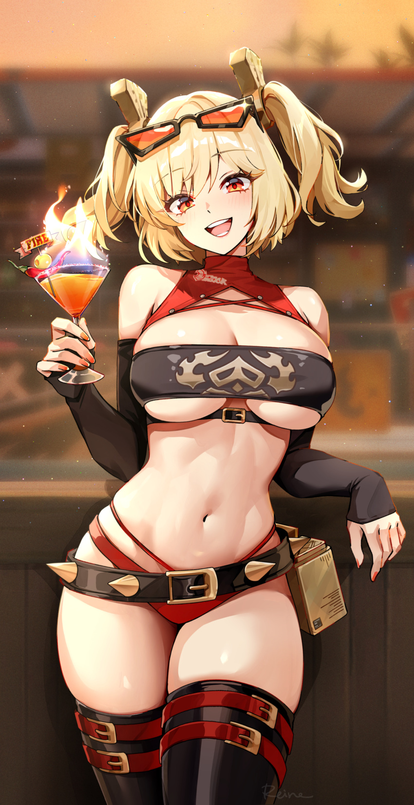 :d absurdres belt black_thighhighs blonde_hair blurry blurry_background breasts burnice_white commentary cup drinking_glass eyewear_on_head female fingernails fire foxyreine highres holding holding_cup large_breasts looking_at_viewer nail_polish navel open_mouth red_belt red_eyes red_nails short_hair smile solo standing stomach sunglasses teeth thighhighs thighs twintails zenless_zone_zero