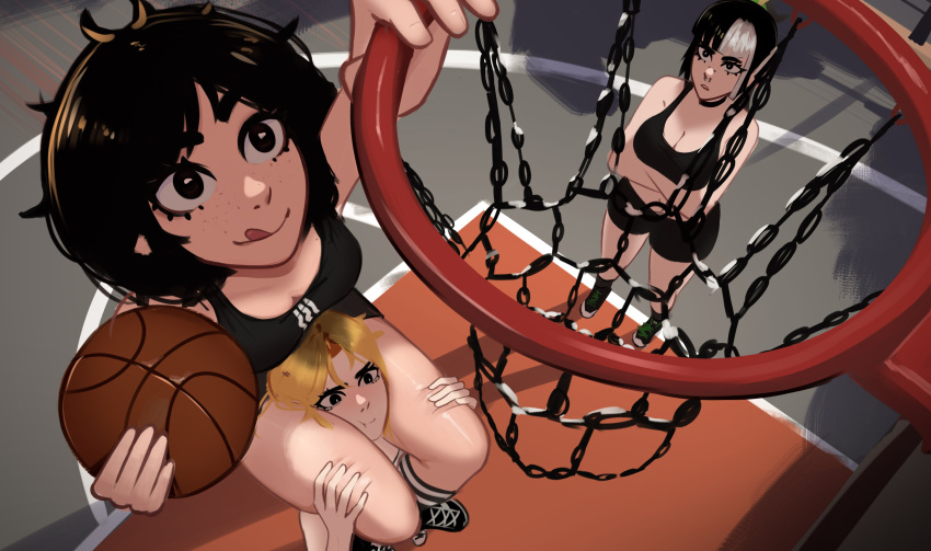 3girls absurdres adidas bare_shoulders basketball black_eyes black_hair blonde_hair freckles highres jessie_(veyonis) lip_piercing long_hair mika_(veyonis) multiple_girls nose_piercing original piercing short_hair smile sports_bra thighs veyonis yuna_(veyonis)