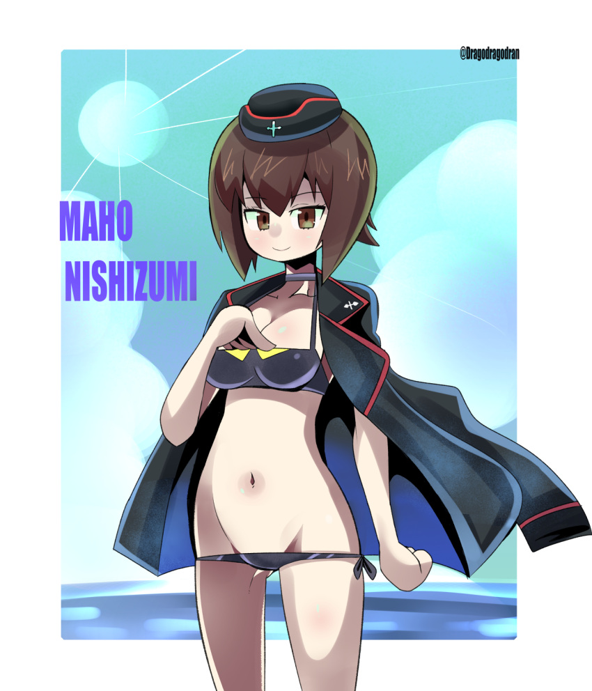 bikini black_bikini black_hat black_jacket blue_sky breasts brown_eyes brown_hair character_name choker closed_mouth cloud cloudy_sky cowboy_shot day dragodragodran female garrison_cap girls_und_panzer groin halterneck hand_on_own_chest hat highres horizon insignia jacket jacket_on_shoulders kuromorimine_military_uniform long_sleeves looking_at_viewer lowleg lowleg_bikini medium_breasts military_hat navel nishizumi_maho ocean outdoors short_hair side-tie_bikini_bottom sky smile solo standing swimsuit twitter_username wind