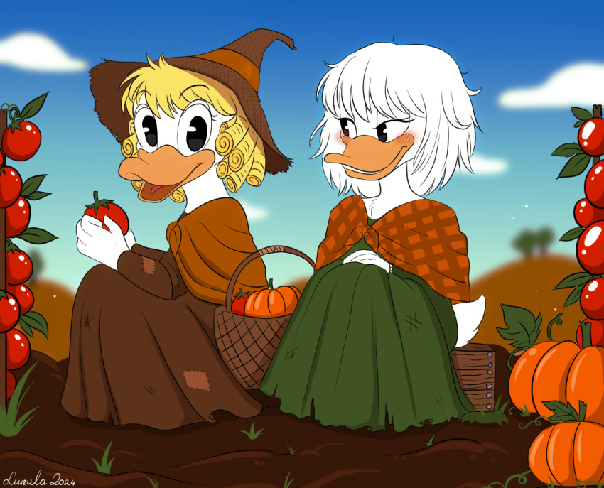 anatid anseriform anthro avian basket bird blonde_hair blush comic_book_character container crate daisy_and_the_mysteries_of_paris daisy_duck dirt disney disney_comics duck duo ex-royalty exiled eye_contact farm farmers farming farmland female female/female food fruit hair historical_dress historical_people holding_object kinkypeach looking_at_another marie_antoinette marie_ducklette messy_hair peasant plant pumpkin romantic romantic_couple rural secret_identity sitting sitting_on_crate surprised_expression tomato tomato_plant wives