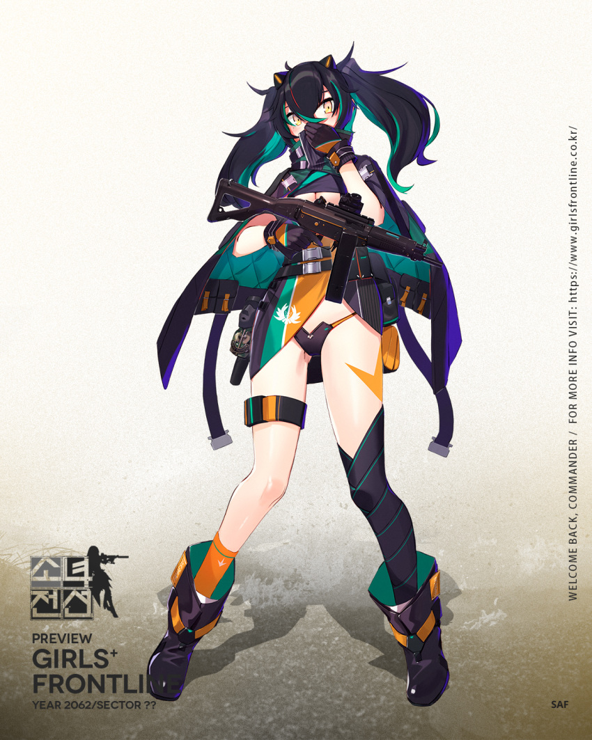 asymmetrical_legwear bad_link belt black_hair black_thighhighs blue_hair boots character_name famae_saf female full_body girls'_frontline gloves gun hair_between_eyes headgear highres holding holding_gun holding_weapon kneehighs long_hair mismatched_legwear multicolored_hair official_art orange_socks pouch promotional_art ranyu saf_(girls'_frontline) single_kneehigh single_sock single_thighhigh socks solo standing streaked_hair thigh_strap thighhighs twintails uneven_legwear weapon yellow_eyes