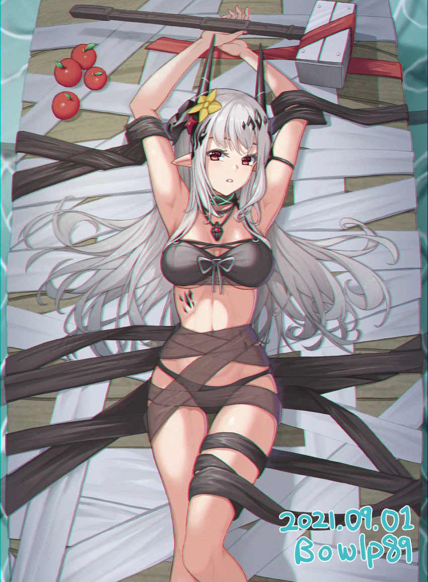 apple arknights armpits arms_up artist_name bare_arms bikini black_bikini black_choker bowlp breasts choker chromatic_aberration cleavage commentary dated feet_out_of_frame female flower food fruit grey_hair hair_flower hair_ornament hammer highres horns infection_monitor_(arknights) jewelry large_breasts long_hair looking_at_viewer lying material_growth mudrock_(arknights) mudrock_(silent_night)_(arknights) necklace official_alternate_costume on_back oripathy_lesion_(arknights) parted_lips pointy_ears red_eyes signature solo stomach swimsuit thighs water weapon yellow_flower