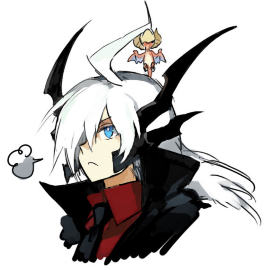 1boy blue_eyes commentary darkrai long_hair male_focus necktie personification photoshop_(medium) pokemon simple_background solo white_background white_hair yara_kami_meiosei