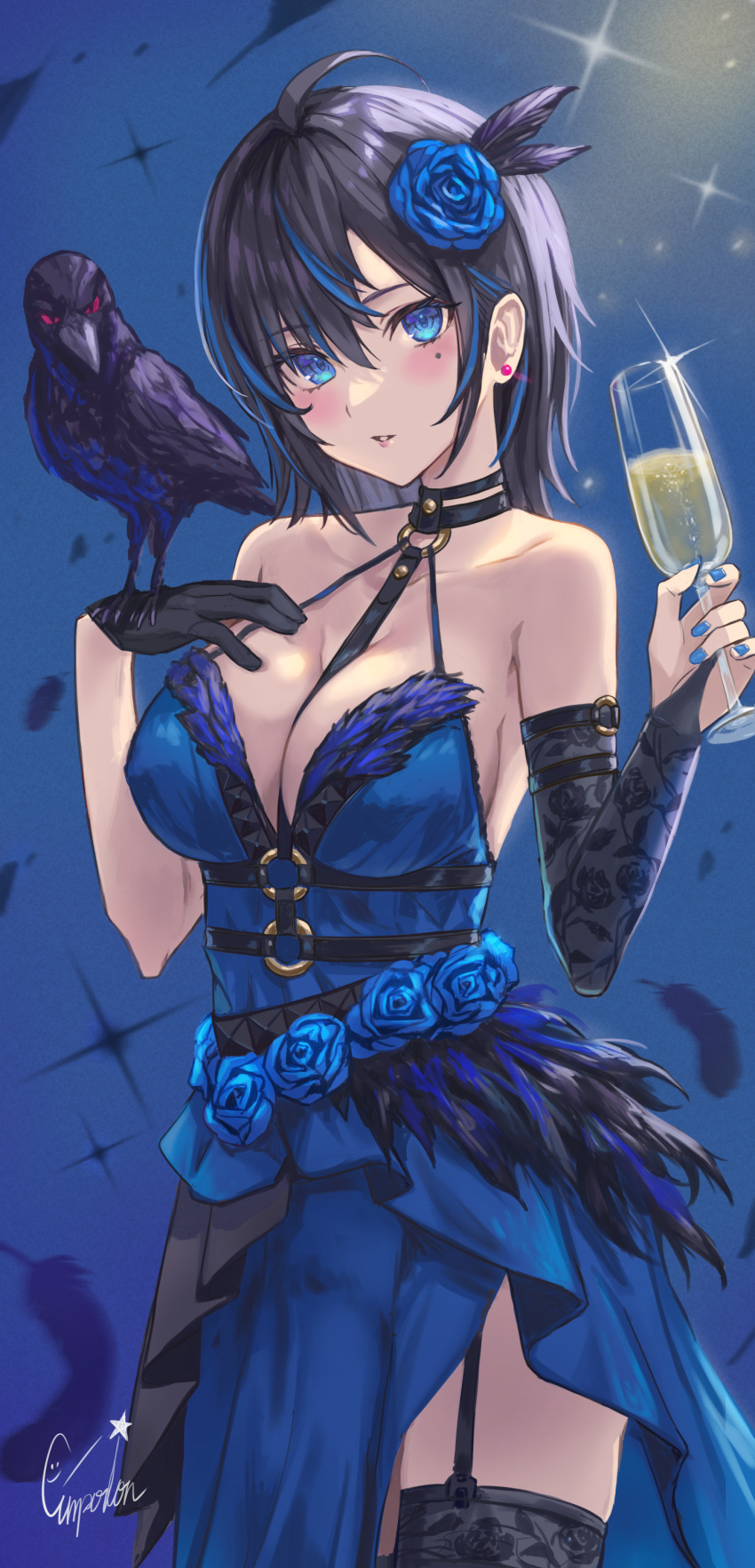 absurdres bare_shoulders between_breasts bird bird_on_hand black_gloves black_hair black_thighhighs blue_background blue_dress blue_eyes blue_flower blue_hair blue_rose blush breasts cleavage collarbone cowboy_shot crow cup dress drink drinking_glass enporion feather_hair_ornament feathers female flower garter_straps gloves hair_flower hair_ornament hand_on_own_hip highres holding holding_cup large_breasts layered_dress looking_at_viewer multicolored_hair o-ring original parted_lips rose short_hair signature simple_background single_glove sleeveless sleeveless_dress smile solo streaked_hair thighhighs two-tone_hair