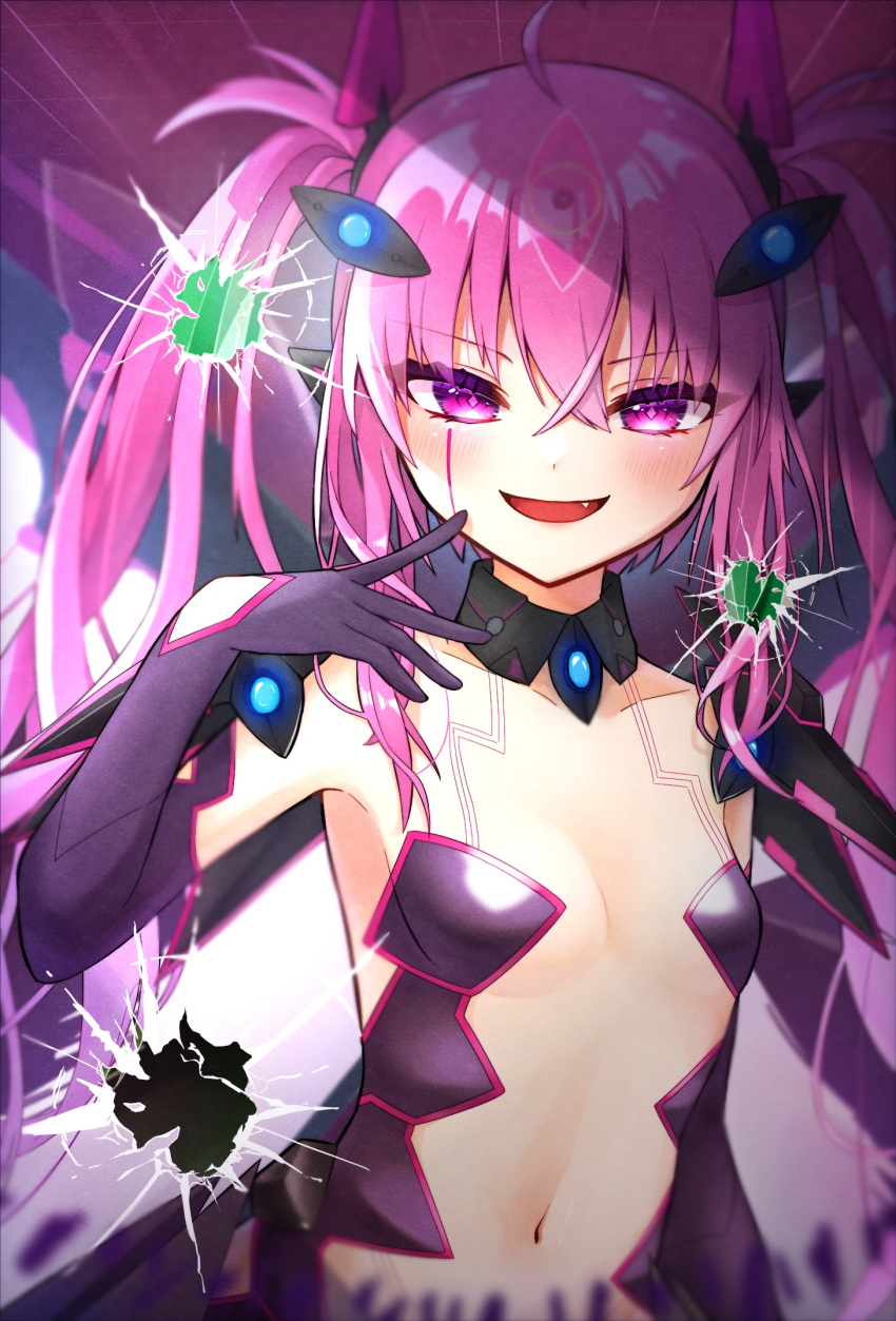 ahoge animal_ear_headphones animal_ears bare_shoulders bemani bikini black_bikini black_collar black_gloves black_headphones blue_pupils blush breasts broken_glass cat_ear_headphones collar collarbone evil_eye_(sound_voltex) eyes_visible_through_hair fake_animal_ears female glass gloves grace_(sound_voltex) headphones highres looking_at_viewer navel oerba_yun_fang pimnt2 pink_eyes pink_hair seductive_smile small_breasts smile solo sound_voltex strapless strapless_bikini swimsuit third_eye twintails