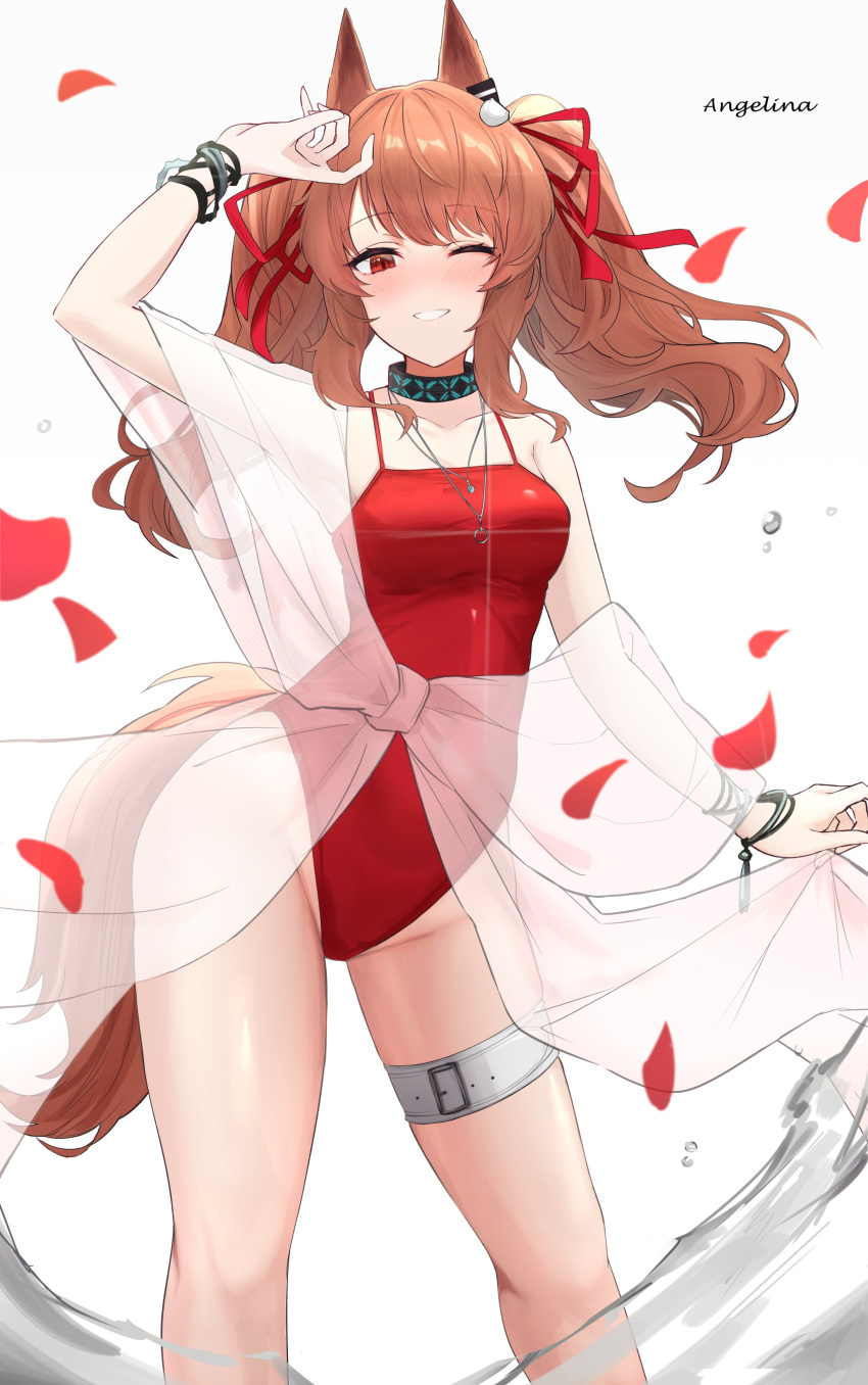 ;d absurdres angelina_(arknights) angelina_(summer_flower)_(arknights) animal_ears arknights arm_up armpits asumi_maboroshi black_collar blush bracelet breasts brown_hair buckle casual_one-piece_swimsuit character_name collar collarbone commentary contrapposto earpiece falling_petals feet_out_of_frame feet_up female fox_ears fox_girl fox_tail glint grin groin hair_ribbon highleg highleg_swimsuit highres holding infection_monitor_(arknights) jewelry legs_apart long_hair looking_at_viewer necklace off_shoulder official_alternate_costume one-piece_swimsuit one_eye_closed parted_lips petals red_eyes red_one-piece_swimsuit red_ribbon ribbon ring ring_necklace sarong see-through sidelocks simple_background small_breasts smile solo standing swimsuit tail tail_through_clothes thigh_strap thighs twintails water wavy_hair white_background white_sarong