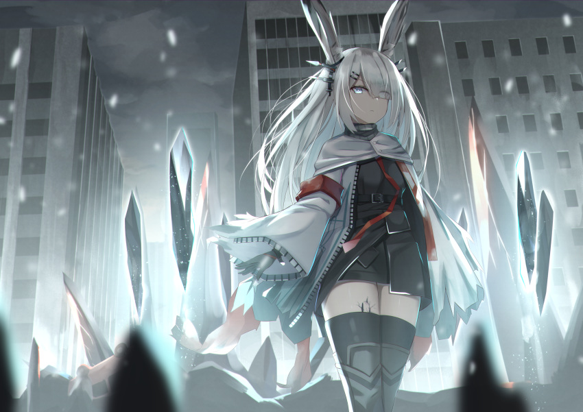 animal_ears arknights armband black_coat black_gloves black_thighhighs breasts building city cloak closed_mouth coat commentary cowboy_shot english_commentary expressionless eyes_visible_through_hair female frostnova_(arknights) gloves grey_eyes grey_sky hair_ornament hair_over_one_eye hairclip headpiece highres ice jacket long_hair looking_at_viewer material_growth medium_breasts mirufuaa open_clothes open_jacket originium_arts_(arknights) oripathy_lesion_(arknights) outdoors parted_bangs rabbit_ears red_ribbon ribbon sky solo thighhighs thighs unzipped white_cloak white_hair white_jacket