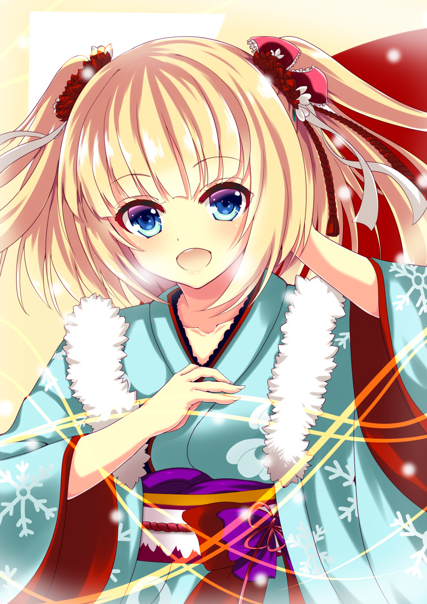 :d absurdres ayasato_karen blonde_hair blue_eyes blue_kimono bow female flower_knight_girl fur_trim furisode hair_ribbon highres japanese_clothes kimono looking_at_viewer open_mouth print_kimono purple_bow red_ribbon ribbon short_hair smile snowdrop_(flower_knight_girl) snowflake_print solo twintails upper_body waist_bow yukata