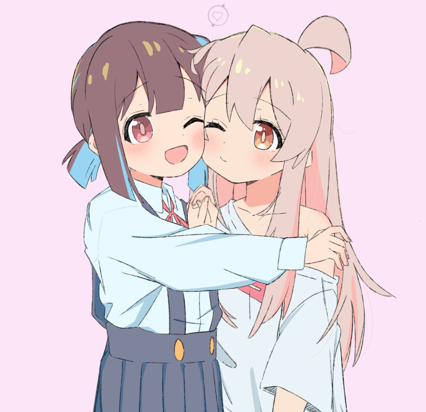 2girls ;) ;d ahoge black_skirt blue_hair blunt_bangs brown_eyes brown_hair cheek-to-cheek collarbone commentary hair_between_eyes hana_houshou heads_together heart highres holding_hands hozuki_momiji interlocked_fingers long_hair long_sleeves looking_at_viewer male-female_symbol multicolored_hair multiple_girls neck_ribbon off_shoulder one_eye_closed onii-chan_wa_oshimai! open_mouth oversized_clothes oversized_shirt oyama_mahiro pink_background pink_hair pleated_skirt red_ribbon ribbon school_uniform shirt short_hair short_ponytail short_sleeves sidelocks simple_background single_bare_shoulder skirt smile suspender_skirt suspenders t-shirt two-tone_hair white_shirt wing_collar yuri