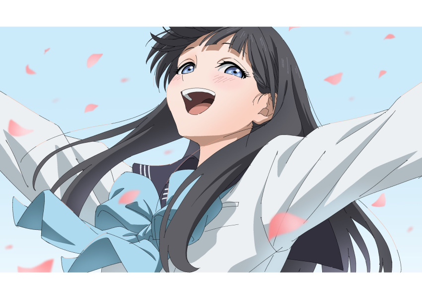 :d akebi-chan_no_serafuku akebi_komichi black_hair black_sailor_collar blue_bow blue_bowtie blue_eyes blush bow bowtie commentary_request eyelashes falling_petals female highres isaka(_ria_iks) letterboxed long_hair official_art open_mouth outstretched_arms petals roubai_academy_school_uniform_(old) sailor_collar school_uniform shirt smile solo teeth tongue upper_teeth_only white_shirt