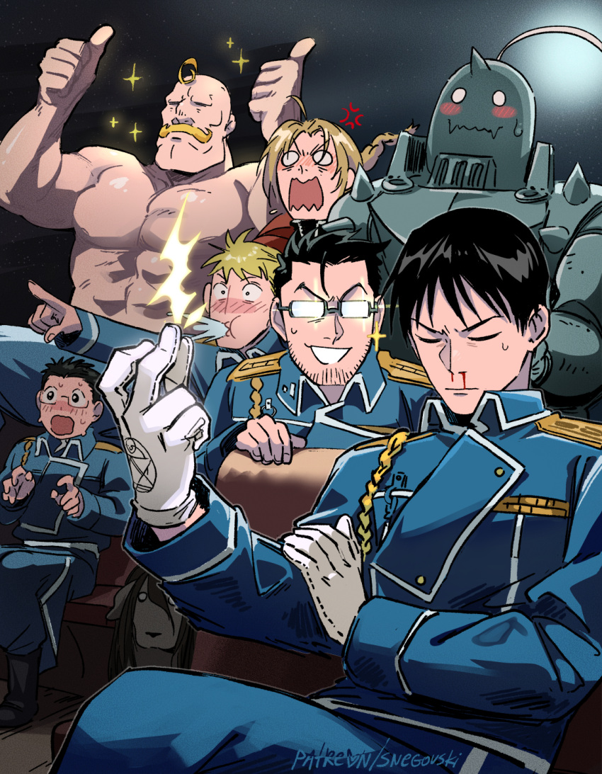 6+boys aiguillette alex_louis_armstrong alphonse_elric amestris_military_uniform anger_vein armor aroused bald black_eyes black_hair blonde_hair blood blue_jacket blue_pants blush blush_stickers braid braided_ponytail closed_eyes closed_mouth collared_jacket commentary double_thumbs_up edward_elric english_commentary facial_hair full_armor fullmetal_alchemist glasses gloves handlebar_mustache highres indoors jacket jean_havoc kain_fuery maes_hughes male_focus military military_jacket military_uniform moustache multiple_boys muscular muscular_male nosebleed opaque_glasses open_mouth outstretched_arm pants patreon_username pointing roy_mustang short_hair shou_tucker's_chimera sitting smile snapping_fingers snegovski solid_circle_eyes sparkle spiked_hair stubble sweatdrop thumbs_up topless_male uniform wavy_mouth white_gloves wide-eyed