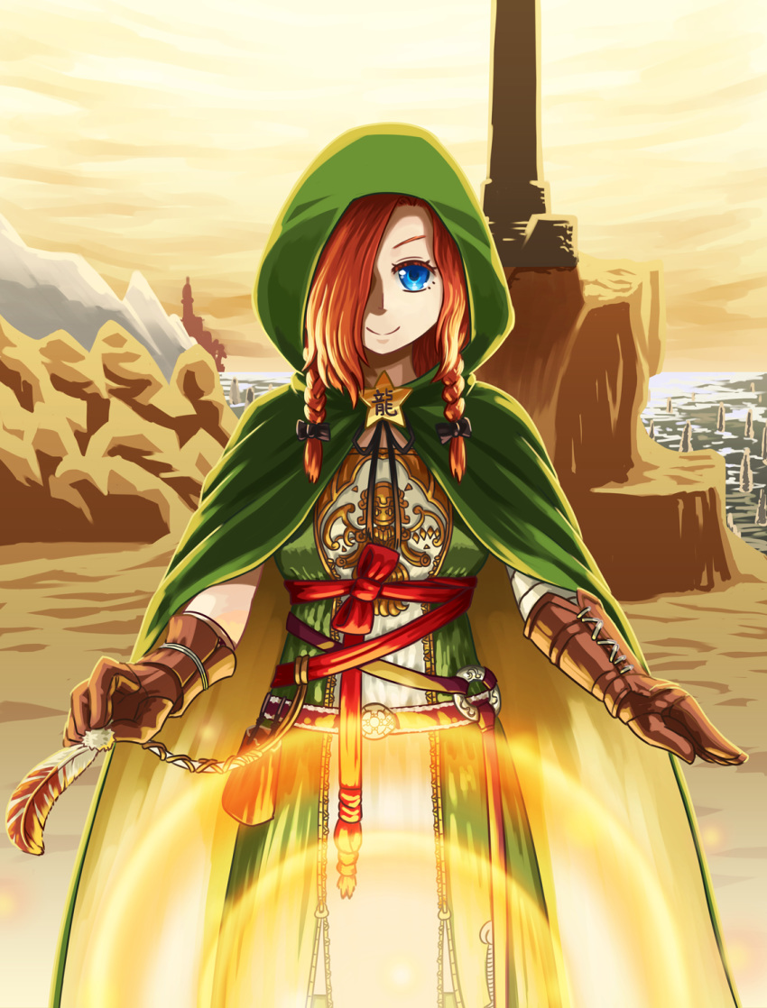 arm_wrap black_bow blue_eyes bow braid brooch brown_gloves capelet cloak closed_mouth cowboy_shot dark_souls_(series) dark_souls_ii emerald_herald feathers female gloves gradient_sky hair_over_one_eye hair_ribbon hairbow highres holding holding_feather hong_meiling horizon jewelry long_hair looking_at_viewer mountain okema orange_sky red_hair ribbon side_braids sky smile solo standing star_(symbol) touhou tress_ribbon twin_braids water