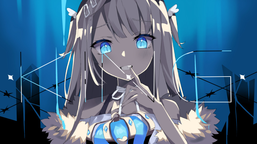 absurdres amatsuka_uto asakura1540 bangs barbed_wire bare_shoulders blue_eyes blue_hair coat crown crown_removed female fur-trimmed_coat fur_trim hair_ornament hairclip highres holding_crown indie_virtual_youtuber king_(vocaloid) limited_palette long_hair looking_at_viewer off_shoulder parody ribbon slit_pupils smile solo teeth upper_body virtual_youtuber