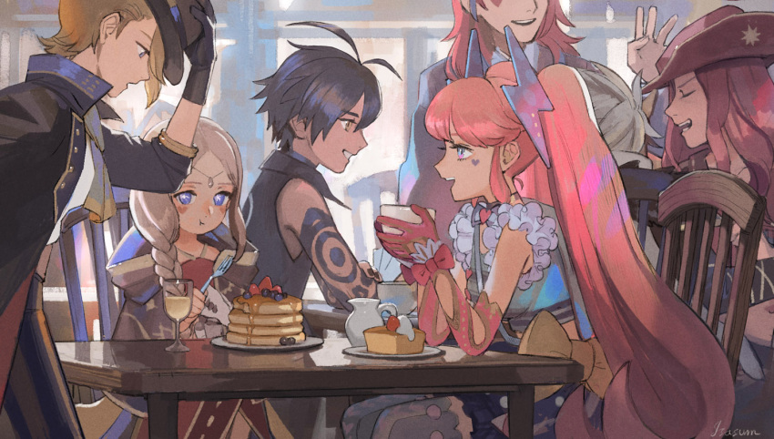 3boys 3girls antenna_hair arm_tattoo black_hair black_headwear blonde_hair blue_eyes blueberry braid braided_ponytail brown_headwear chair character_request closed_eyes crop_top cup eating elbow_gloves food fork frilled_sleeves frills fruit gloves grey_hair hair_over_shoulder hand_up hat holding holding_cup holding_fork hood hood_down lilim_(megido72) long_hair megido72 multiple_boys multiple_girls open_mouth pancake pancake_stack pink_hair plate profile red_gloves red_hair sasumata_jirou short_hair smile solomon_(megido72) strawberry succubus_(megido72) syrup table tattoo twintails