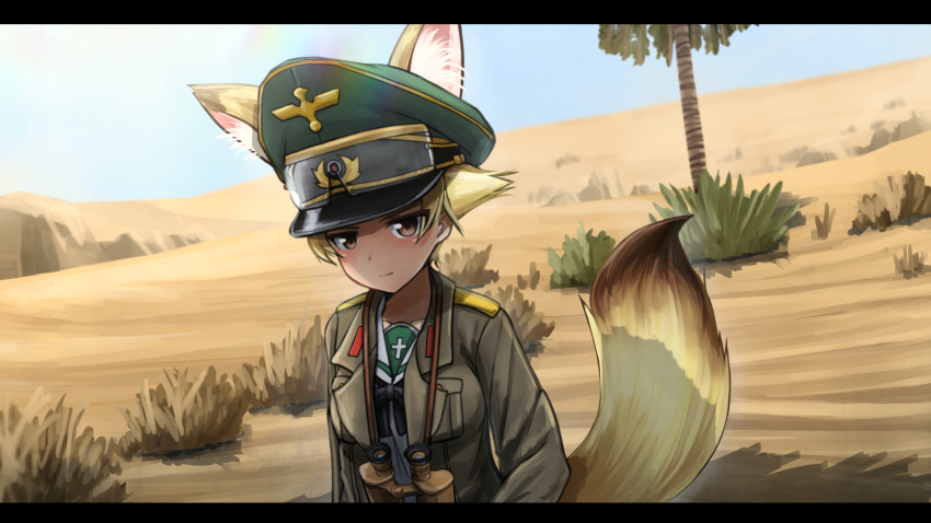 afrika_korps animal_ear_fluff animal_ears binoculars black_bow blonde_hair blue_sky bow bowtie breasts brown_eyes bush closed_mouth collarbone commentary cross day desert erwin_(girls_und_panzer) female fox_ears fox_girl fox_tail girls_und_panzer goggles goggles_on_headwear green_hat grey_jacket hat highres jacket kk90 letterboxed long_sleeves medium_breasts military military_hat military_jacket military_uniform ooarai_school_uniform open_clothes open_jacket outdoors palm_tree peaked_cap pocket pointy_hair sailor_collar school_uniform serafuku short_hair sky solo tail too_literal tree uniform upper_body wehrmacht white_sailor_collar