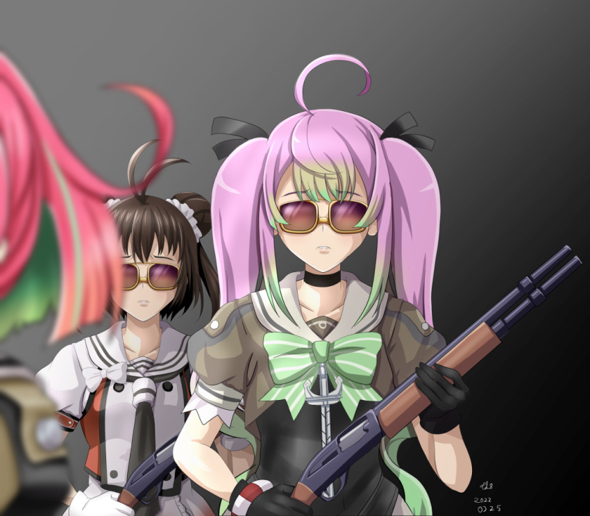 3girls ahoge antenna_hair black_gloves brown_hair double_bun gloves gradient_hair green_hair green_neckwear grey_sailor_collar gun holding holding_gun holding_weapon kantai_collection long_hair momo_(kancolle) multicolored_hair multiple_girls naka_(kancolle) naka_kai_ni_(kancolle) pink_hair ponytail puffy_short_sleeves puffy_sleeves sailor_collar sailor_shirt school_uniform serafuku shirt short_hair short_sleeves shotgun streaked_hair sunglasses tk8d32 twintails ume_(kancolle) weapon white_gloves