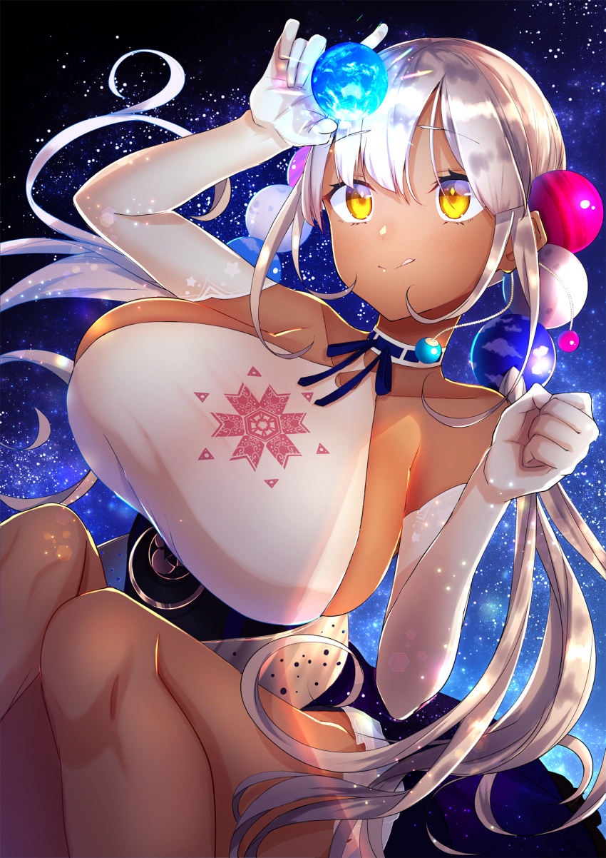 bad_id bad_pixiv_id bare_shoulders breasts choker collarbone commentary_request dark-skinned_female dark_skin earth_(planet) elbow_gloves female giant giantess gloves hair_bobbles hair_ornament highres hololive hololive_english huge_breasts light_brown_hair long_hair looking_at_object nidaime_(doronbo) no_headgear planet planet_hair_ornament sideboob smile solo tongue tongue_out tsukumo_sana tsukumo_sana_(1st_costume) twintails very_long_hair virtual_youtuber white_gloves yellow_eyes