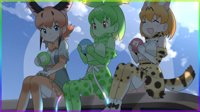 3girls animal_ears blonde_hair caracal_(kemono_friends) cat_ears cat_tail cats_yone cellval gloves green_hair highres kemono_friends kemono_friends_3 multiple_girls necktie open_mouth orange_hair serval_(kemono_friends) shirt short_hair skirt smile tail