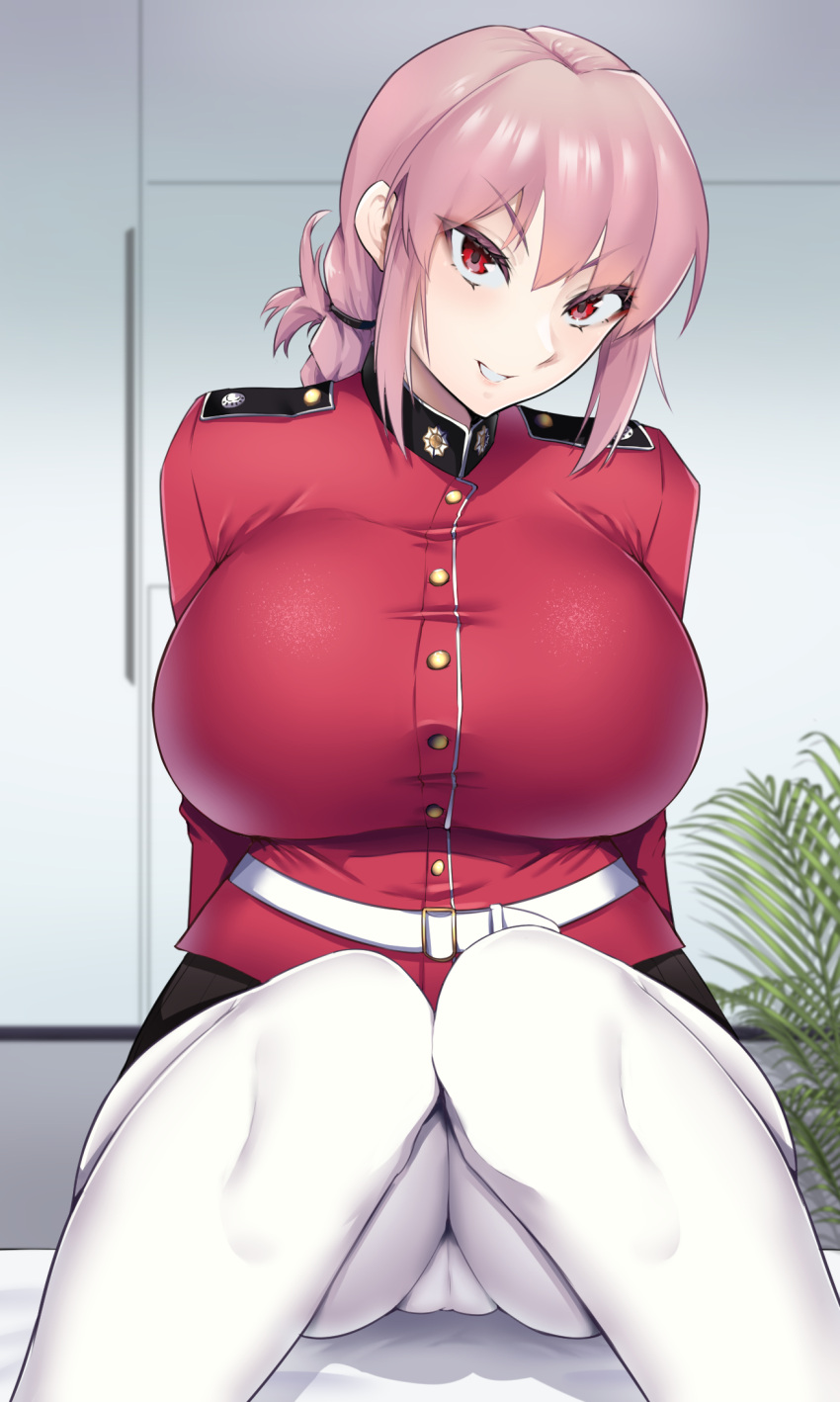 belt black_skirt braid braided_ponytail breasts buttons enryuu_(rmxs3488) fate/grand_order fate_(series) female florence_nightingale_(fate) folded_ponytail highres jacket large_breasts long_hair long_sleeves looking_at_viewer military_jacket pantyhose pink_hair red_eyes red_jacket sitting skirt solo white_pantyhose