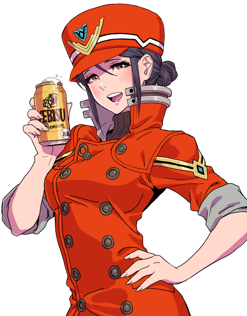 absurdres alcohol alternate_costume beer beer_can black_sweater breasts brown_eyes can commentary drink_can evangelion:_3.0_you_can_(not)_redo female hair_behind_ear hair_between_eyes hair_bun highres holding holding_can jacket katsuragi_misato medium_breasts neon_genesis_evangelion rebuild_of_evangelion red_headwear red_jacket ribbed_sweater single_hair_bun smile solo sweater upper_body yamashita_shun'ya yebisu