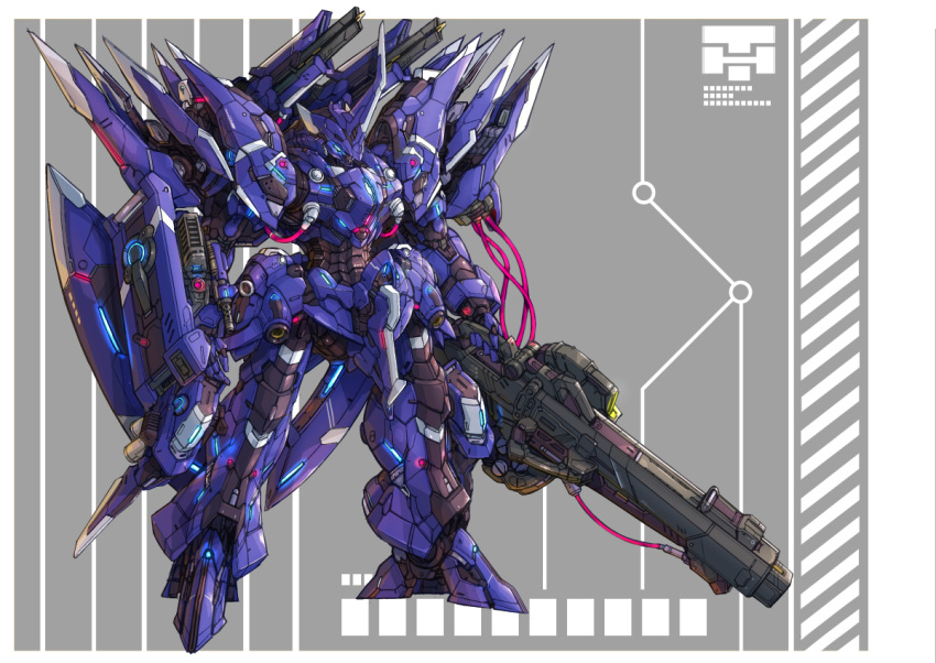 blue_eyes glowing glowing_eye gun holding holding_gun holding_weapon horns mecha no_humans open_hand original robot science_fiction shoulder_cannon single_horn solo standing takamaru_(taka1220) weapon